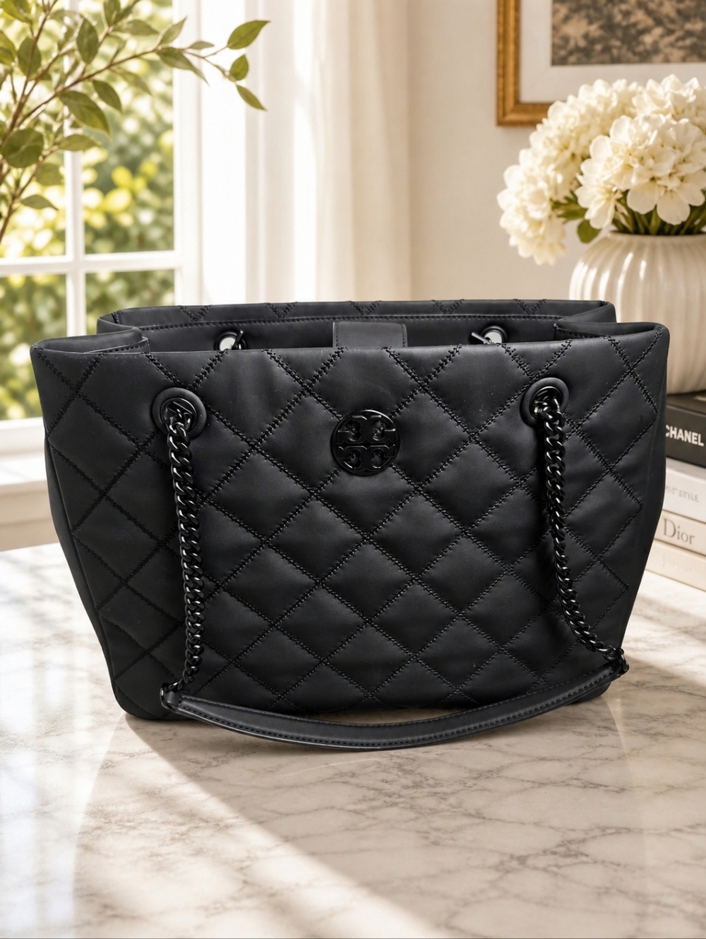 Tory Burch Black Quilted Tote Bag Purse